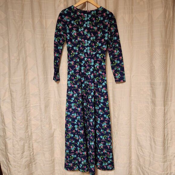 🌸 VTG 70s Handmade Floral Maxi Dress Navy Pink Blue Gown 💙 - Picture 3 of 8